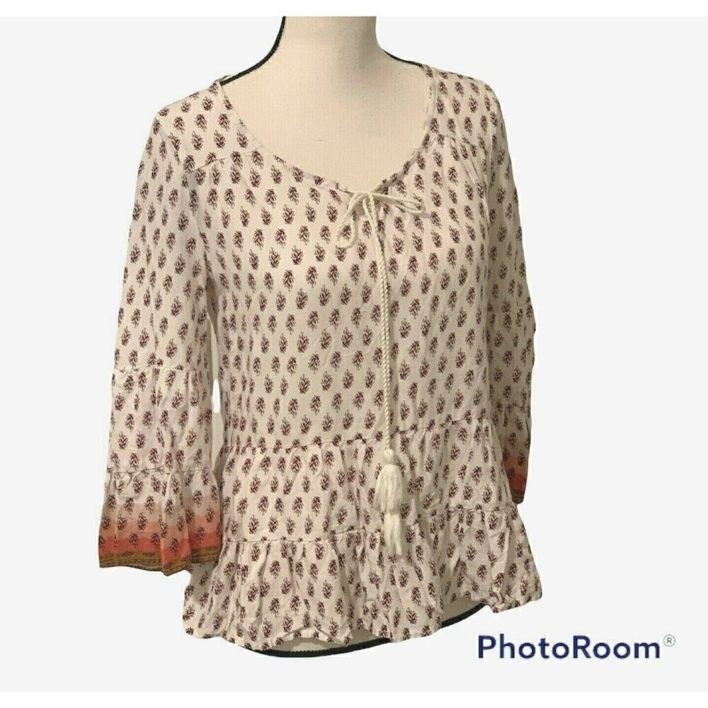 Mudd Women Ruffle Peplum Top Pheasant Blouse Size S 3/4 Bell Sleeve Ruffle Hem